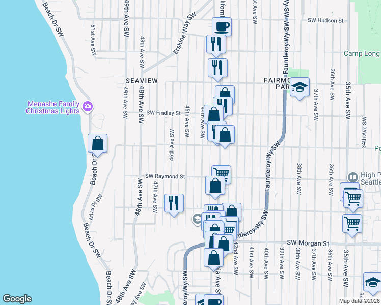map of restaurants, bars, coffee shops, grocery stores, and more near 5912 45th Avenue Southwest in Seattle