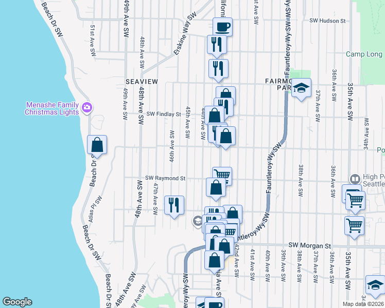 map of restaurants, bars, coffee shops, grocery stores, and more near 5912 45th Avenue Southwest in Seattle