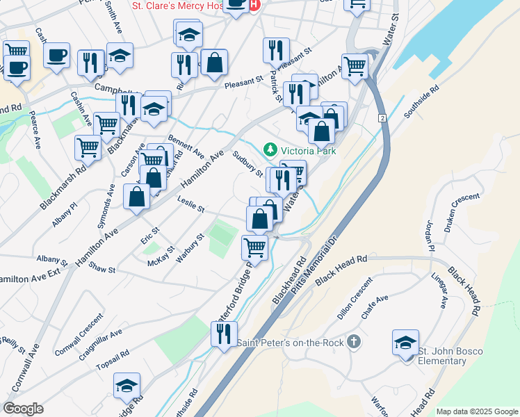 map of restaurants, bars, coffee shops, grocery stores, and more near Thompson Place in St. John's