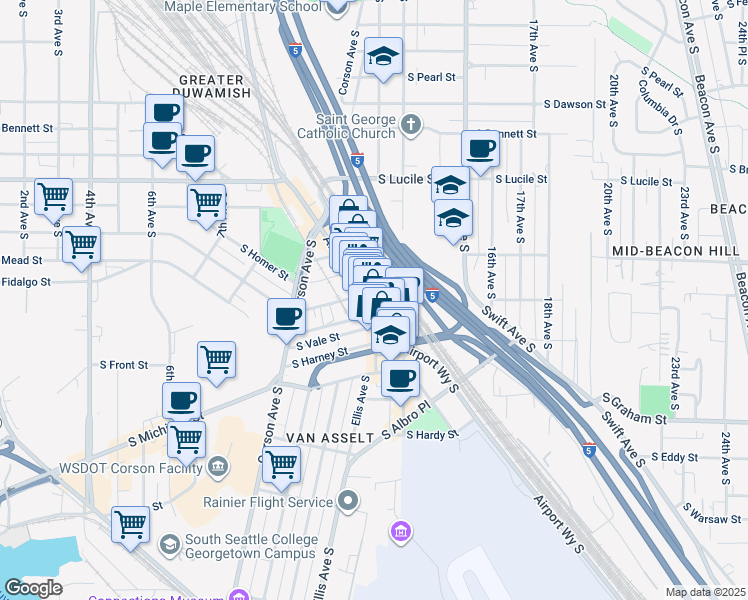 map of restaurants, bars, coffee shops, grocery stores, and more near 5938 Airport Way South in Seattle