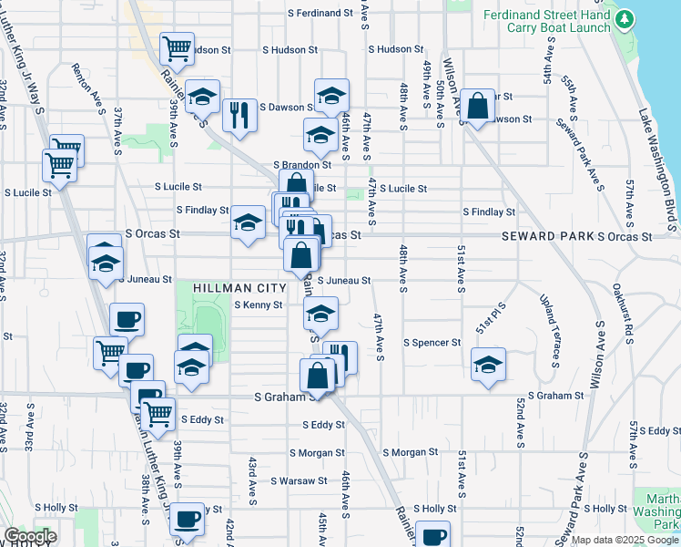 map of restaurants, bars, coffee shops, grocery stores, and more near 4532 South Juneau Street in Seattle