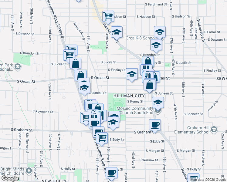 map of restaurants, bars, coffee shops, grocery stores, and more near 3916 South Juneau Street in Seattle
