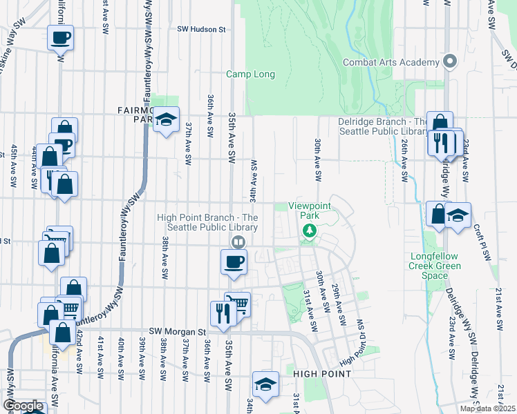 map of restaurants, bars, coffee shops, grocery stores, and more near 5900 34th Avenue Southwest in Seattle