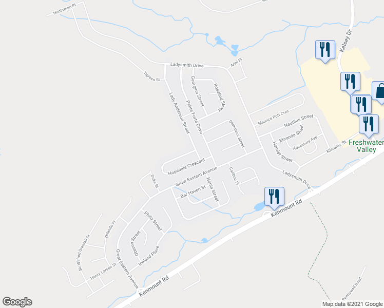map of restaurants, bars, coffee shops, grocery stores, and more near 60 Hopedale Crescent in Saint John's