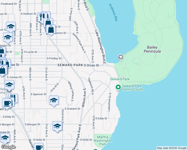 map of restaurants, bars, coffee shops, grocery stores, and more near 5804 Oakhurst Road South in Seattle