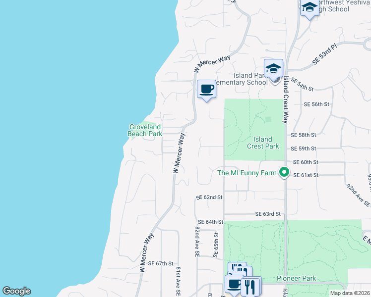 map of restaurants, bars, coffee shops, grocery stores, and more near 5824 West Mercer Way in Mercer Island