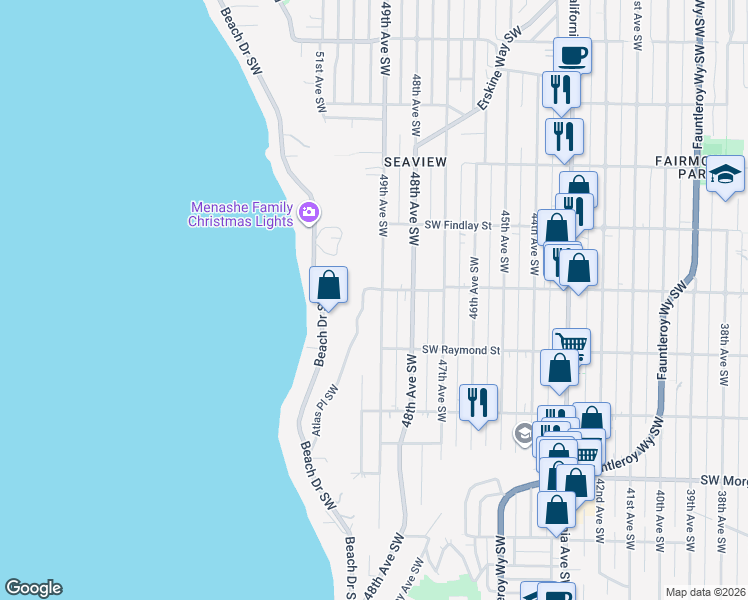 map of restaurants, bars, coffee shops, grocery stores, and more near 5905 49th Avenue Southwest in Seattle