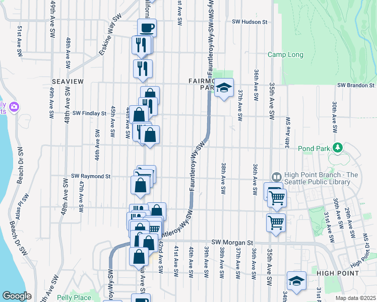 map of restaurants, bars, coffee shops, grocery stores, and more near 5909 40th Avenue Southwest in Seattle