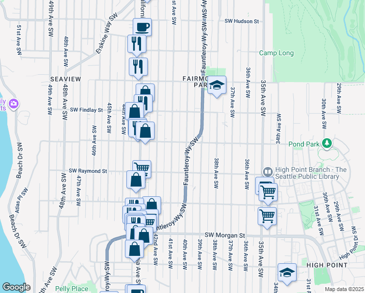 map of restaurants, bars, coffee shops, grocery stores, and more near 5909 40th Avenue Southwest in Seattle
