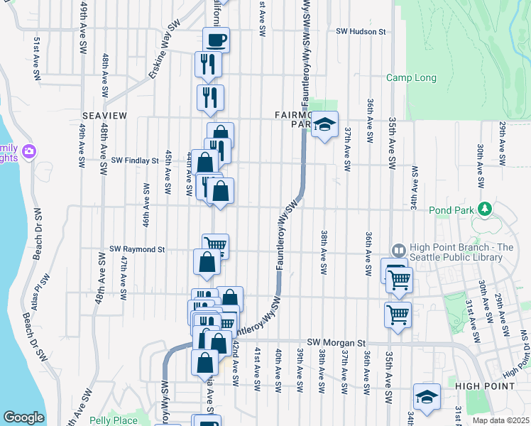 map of restaurants, bars, coffee shops, grocery stores, and more near 5909 40th Avenue Southwest in Seattle