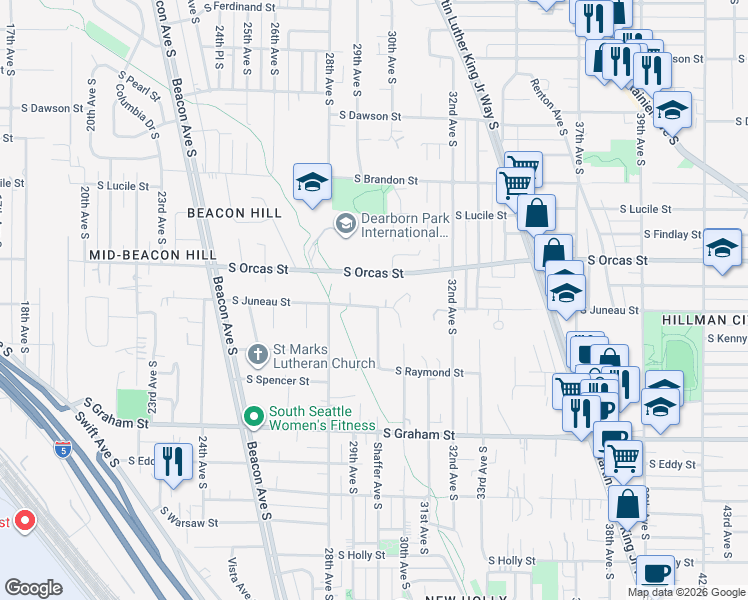 map of restaurants, bars, coffee shops, grocery stores, and more near 2844 South Juneau Street in Seattle