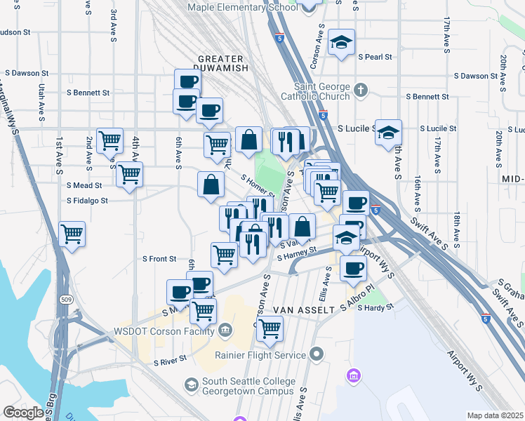 map of restaurants, bars, coffee shops, grocery stores, and more near 830 South Orcas Street in Seattle