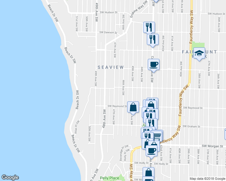 map of restaurants, bars, coffee shops, grocery stores, and more near 4701 Southwest Juneau Street in Seattle