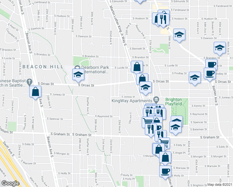 map of restaurants, bars, coffee shops, grocery stores, and more near 5729 33rd Avenue South in Seattle