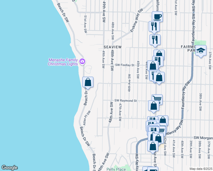 map of restaurants, bars, coffee shops, grocery stores, and more near 4803 Southwest Juneau Street in Seattle