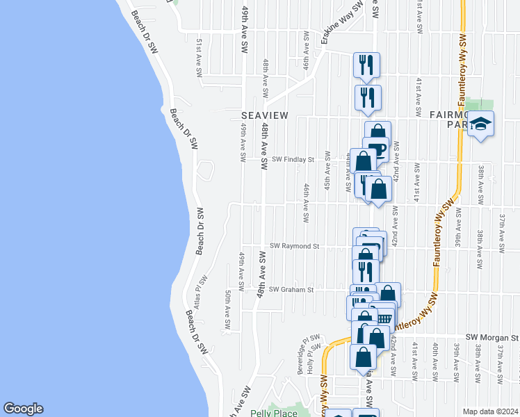 map of restaurants, bars, coffee shops, grocery stores, and more near 4803 Southwest Juneau Street in Seattle