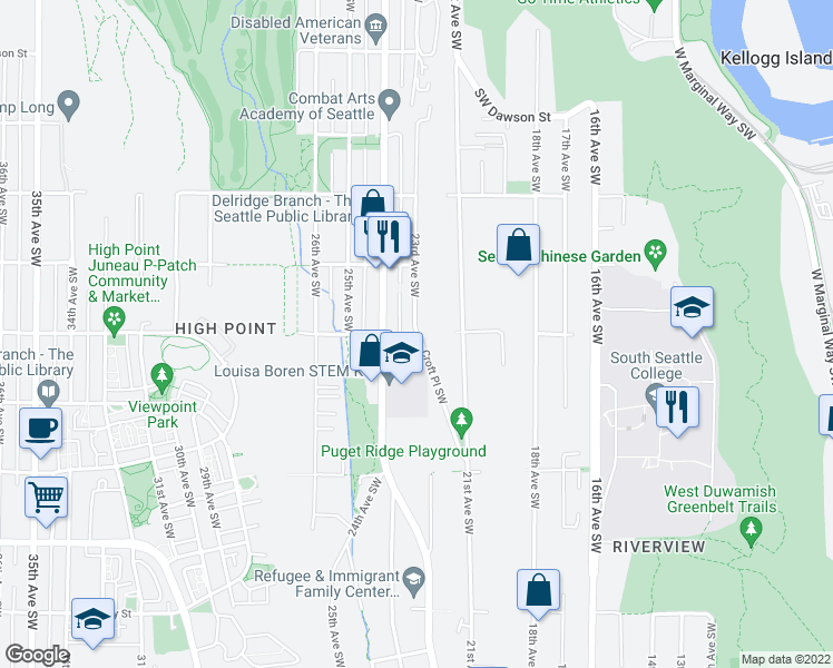 map of restaurants, bars, coffee shops, grocery stores, and more near 23rd Ave SW & SW Juneau St in Seattle