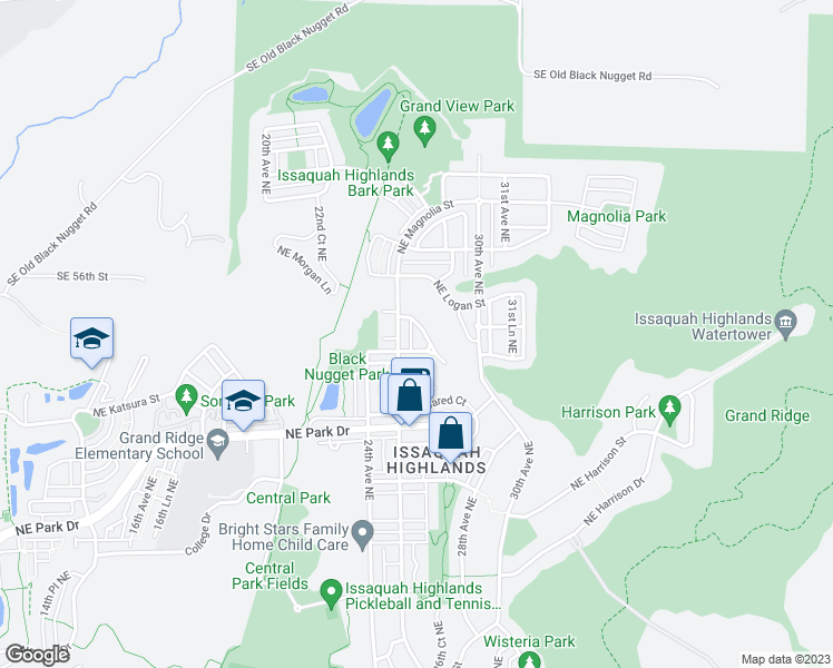 map of restaurants, bars, coffee shops, grocery stores, and more near 2055 Larch Mount Drive Northeast in Issaquah