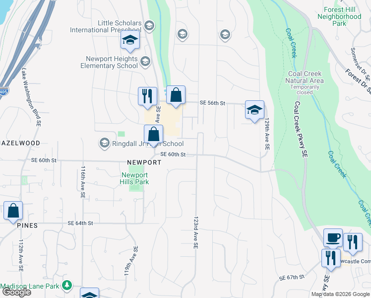 map of restaurants, bars, coffee shops, grocery stores, and more near 12230 Southeast 60th Street in Bellevue