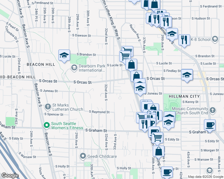 map of restaurants, bars, coffee shops, grocery stores, and more near 5729 33rd Avenue South in Seattle