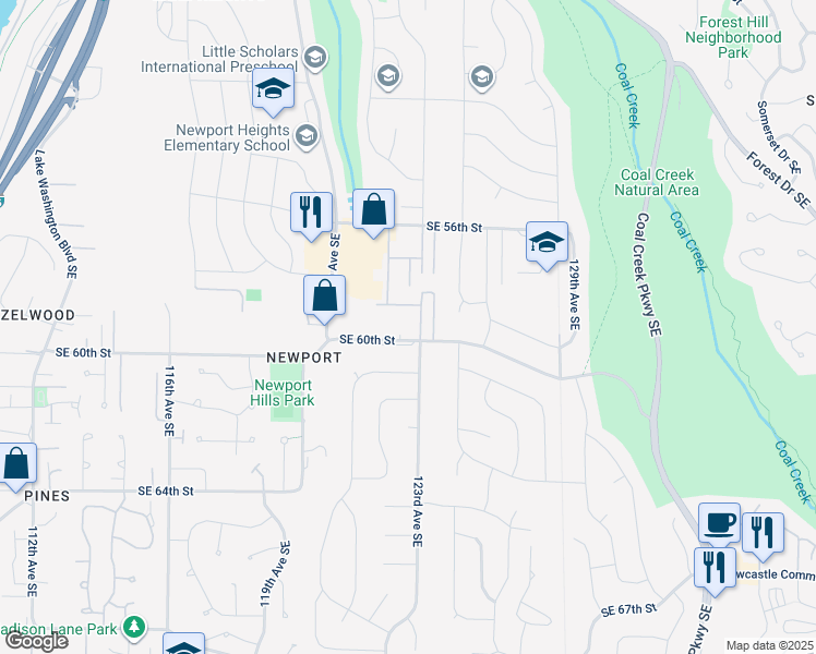 map of restaurants, bars, coffee shops, grocery stores, and more near 12240 Southeast 60th Street in Bellevue