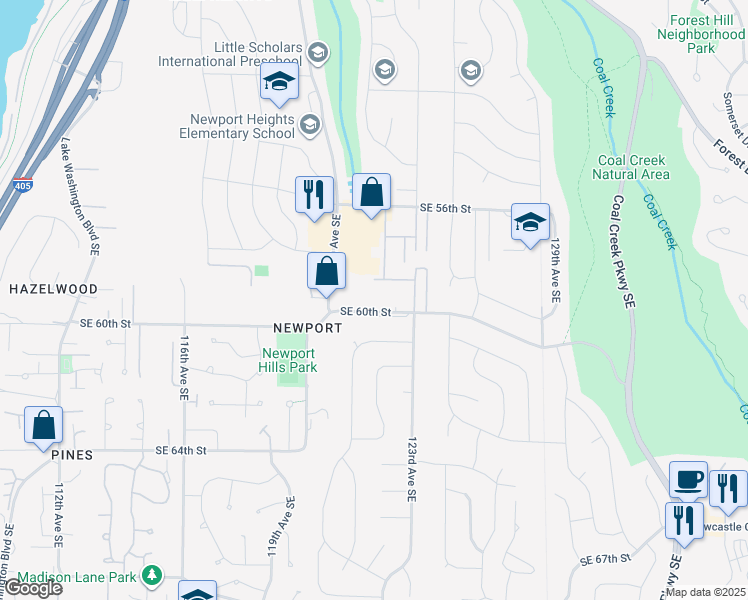 map of restaurants, bars, coffee shops, grocery stores, and more near 5900 119th Avenue Southeast in Bellevue