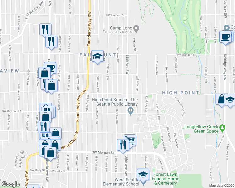map of restaurants, bars, coffee shops, grocery stores, and more near Southwest Juneau Street in Seattle