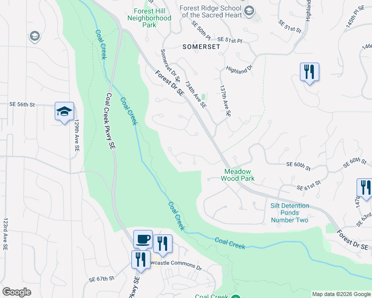 map of restaurants, bars, coffee shops, grocery stores, and more near 13502 Southeast 59th Street in Bellevue