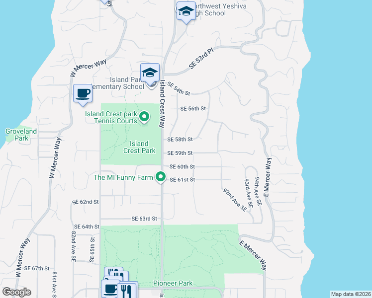 map of restaurants, bars, coffee shops, grocery stores, and more near 8838 Southeast 59th Street in Mercer Island