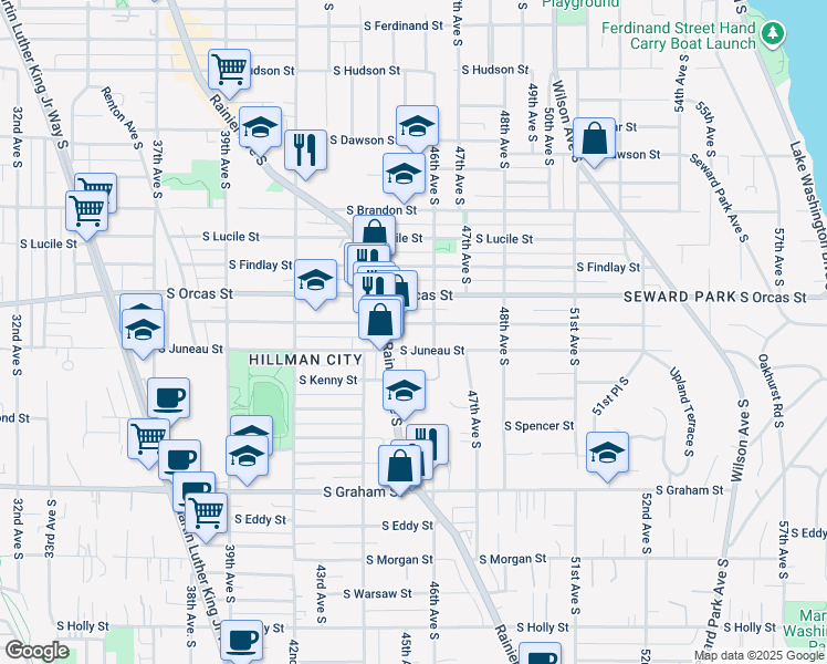 map of restaurants, bars, coffee shops, grocery stores, and more near 4532 South Juneau Street in Seattle