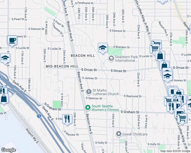 map of restaurants, bars, coffee shops, grocery stores, and more near 2511 South Juneau Street in Seattle