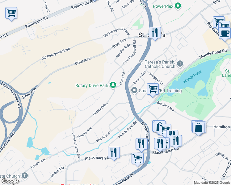 map of restaurants, bars, coffee shops, grocery stores, and more near 15 Rotary Drive in St. John's