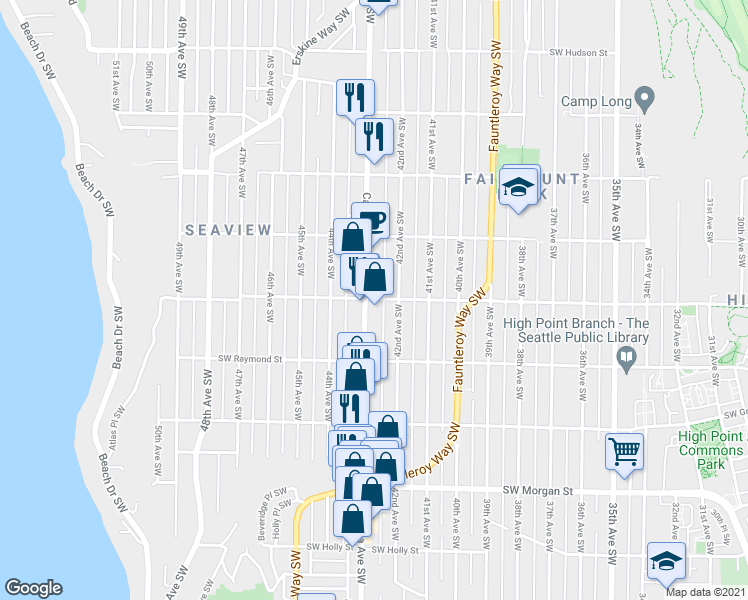 map of restaurants, bars, coffee shops, grocery stores, and more near 5900 California Avenue Southwest in Seattle