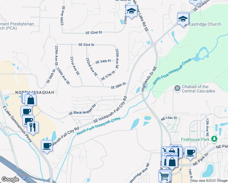 map of restaurants, bars, coffee shops, grocery stores, and more near 23231 Southeast 58th Street in Issaquah