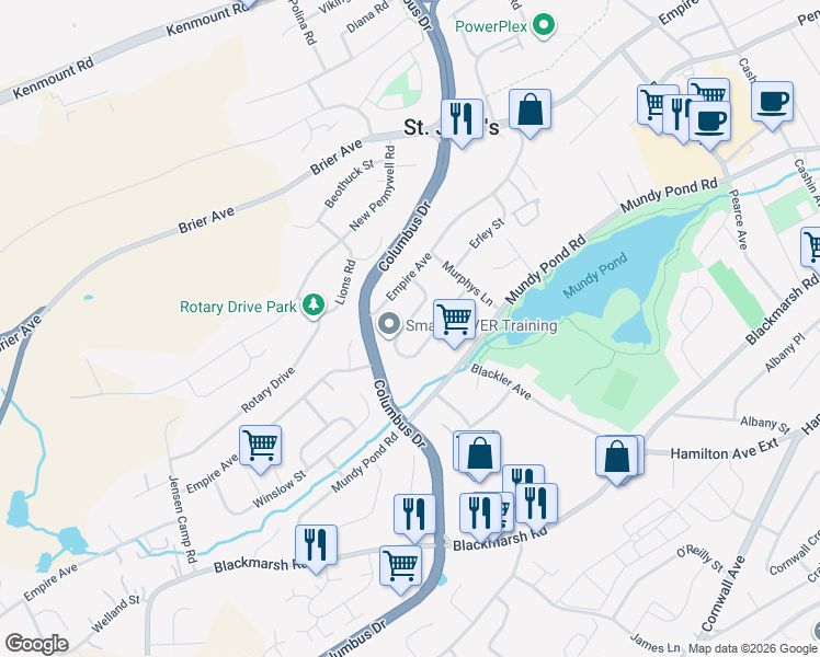 map of restaurants, bars, coffee shops, grocery stores, and more near 58 Notre Dame Drive in St. John's