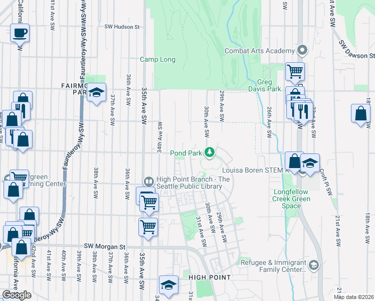 map of restaurants, bars, coffee shops, grocery stores, and more near Southwest Juneau Street in Seattle