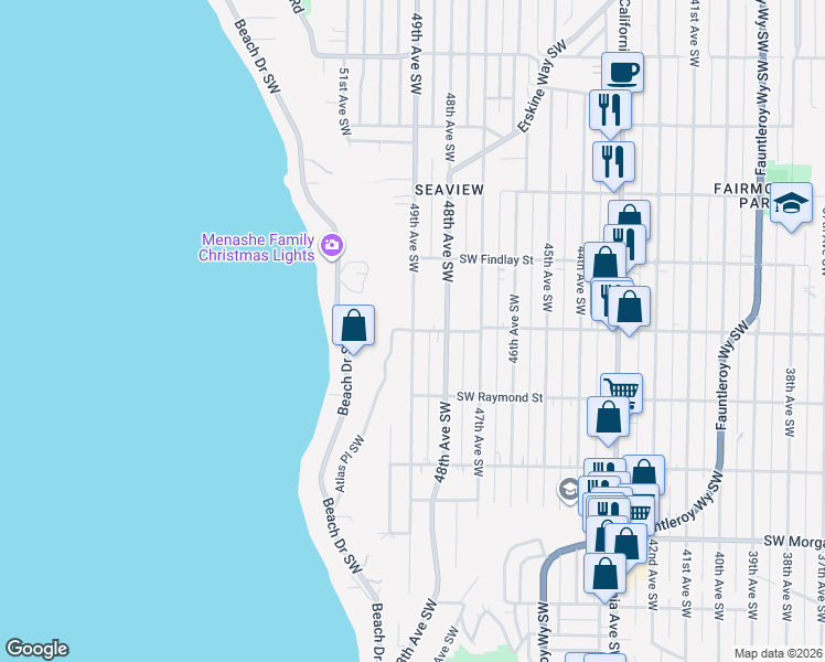 map of restaurants, bars, coffee shops, grocery stores, and more near 5905 49th Avenue Southwest in Seattle
