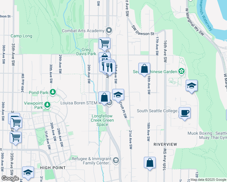 map of restaurants, bars, coffee shops, grocery stores, and more near 5656 Southwest Juneau Street in Seattle