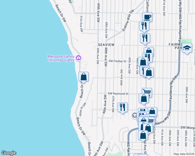 map of restaurants, bars, coffee shops, grocery stores, and more near 5905 49th Avenue Southwest in Seattle