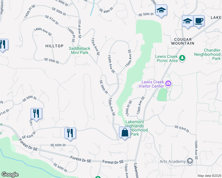 map of restaurants, bars, coffee shops, grocery stores, and more near 15423 Southeast 58th Street in Bellevue