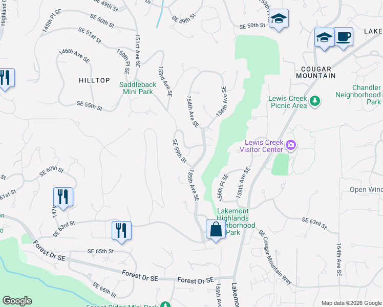 map of restaurants, bars, coffee shops, grocery stores, and more near 15419 Southeast 59th Street in Bellevue