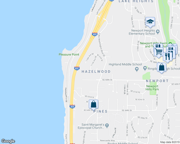 map of restaurants, bars, coffee shops, grocery stores, and more near 11121 Southeast 59th Street in Bellevue