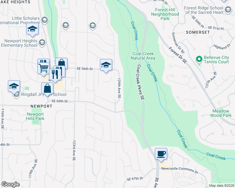 map of restaurants, bars, coffee shops, grocery stores, and more near 12658 Southeast 59th Street in Bellevue