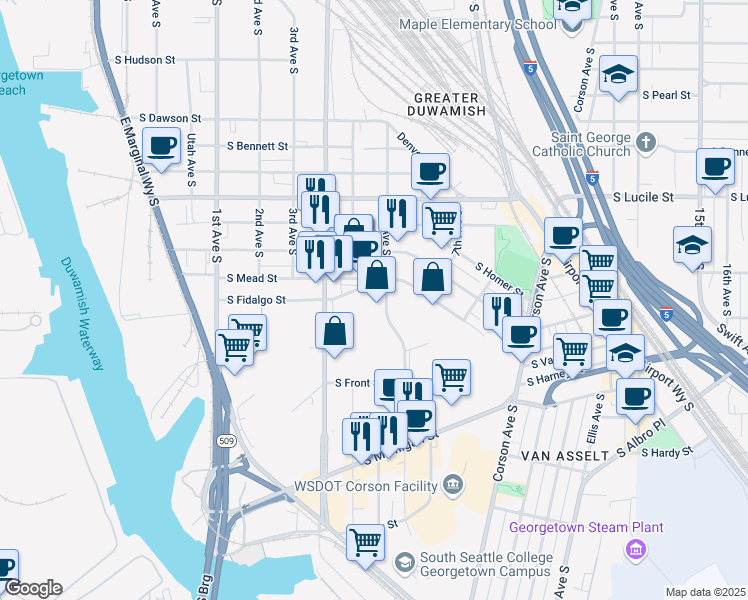 map of restaurants, bars, coffee shops, grocery stores, and more near 5933 6th Ave S in Seattle