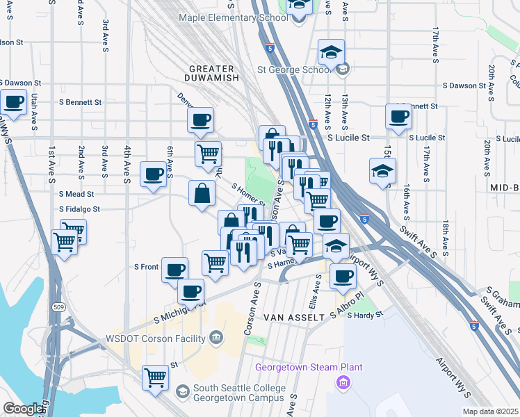 map of restaurants, bars, coffee shops, grocery stores, and more near 830 South Orcas Street in Seattle