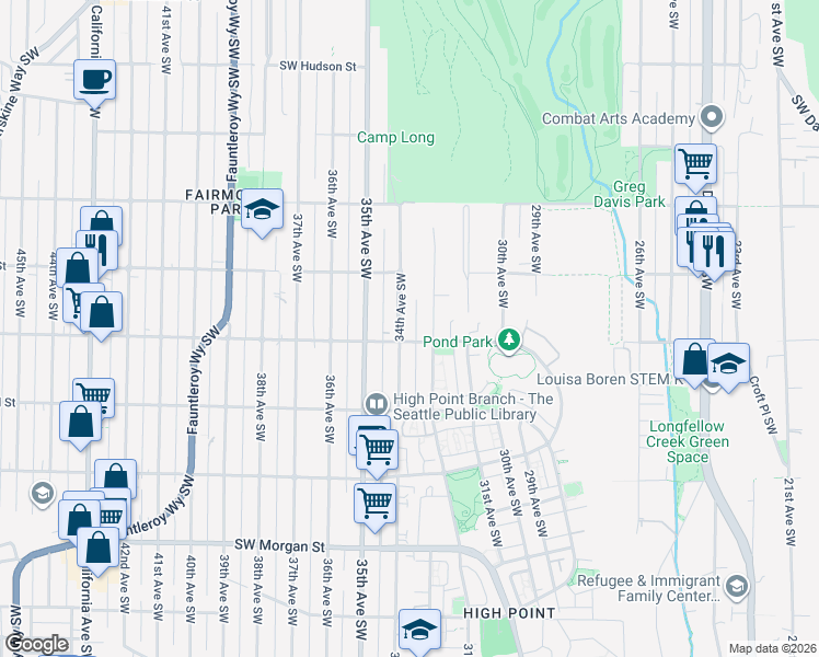 map of restaurants, bars, coffee shops, grocery stores, and more near 5900 34th Avenue Southwest in Seattle