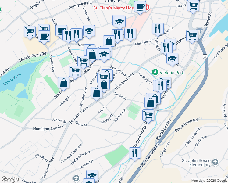 map of restaurants, bars, coffee shops, grocery stores, and more near 267 Hamilton Avenue in St. John's