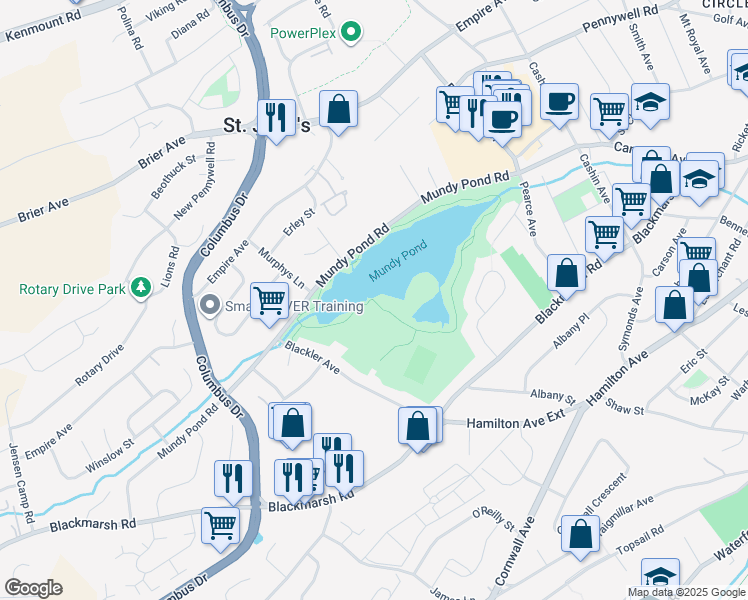 map of restaurants, bars, coffee shops, grocery stores, and more near Mundy Pond Trail in St. John's