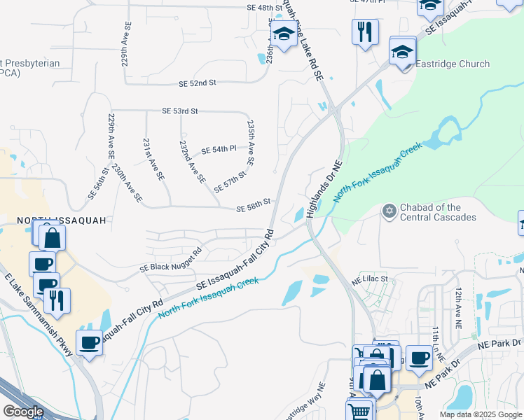 map of restaurants, bars, coffee shops, grocery stores, and more near 23231 Southeast 58th Street in Issaquah
