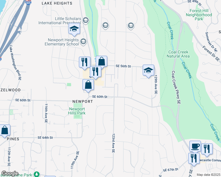 map of restaurants, bars, coffee shops, grocery stores, and more near 12230 Southeast 60th Street in Bellevue
